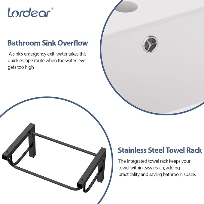 Lordear Wall Mounted Bathroom Sink with Towel Rack 20 x 14 Inch Modern Black Wall Hung Sink for ADA Bathrooms, Rectangular One Hole Porcelain Vanity Sinks