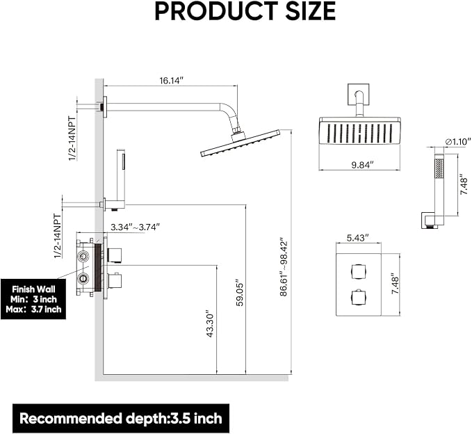 Esnbia Thermostatic Black Shower System, All Metal Shower Faucet Set with 10 Inches Rain Shower Head, Rainfall Shower Heads with Handheld Spray Combo,Anti-Scald Shower Combo Set, Matte Black