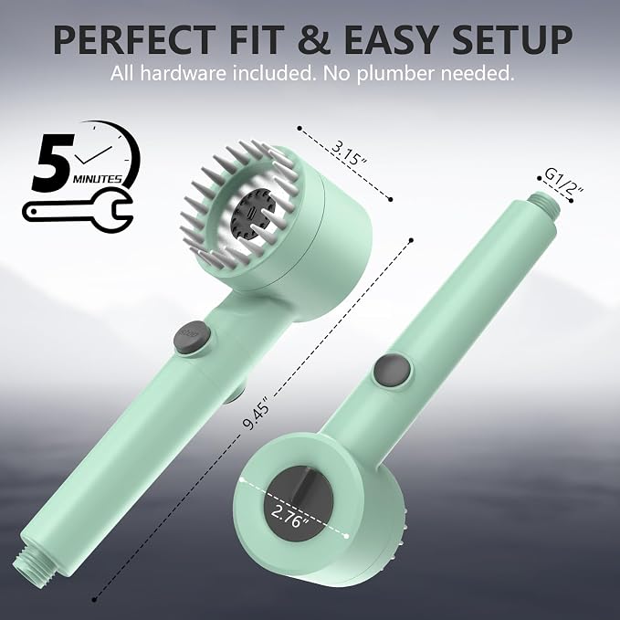 Filtered Shower Head with Handheld, High Pressure Water Flow and Multiple Spray Modes Shower Head with Filter, Power Wash for Hard Water, Showerhead with ON/OFF Switch for Pets Bath (Green) | ON/OFF Switch,4 Spray,Built-in Power Wash,Detachable Showerh...