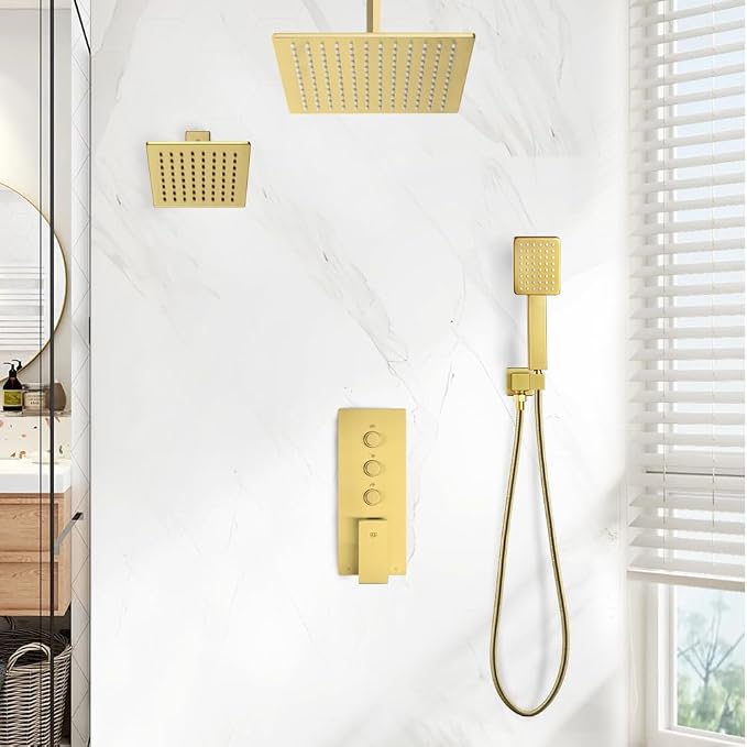 Shower Faucet Set Brushed Gold Bathroom Rainfall Shower System, 12 Inch Ceiling Mount Shower Head with 6 Inch Wall Mount Shower Head, Include Shower Valve and Trim Kit