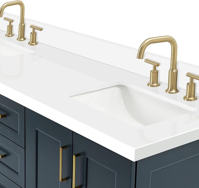 Emilia 66" Midnight Blue Double Bathroom Vanity with Sink, 1.5" Edge Pure White Quartz Countertop, Rectangular Undermount Sinks, 4 Soft Closing Doors, 6 Full Extension Dovetail Drawers