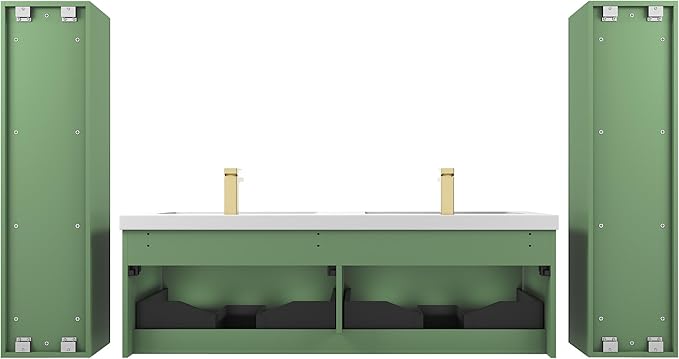 Blossom 60 Inch Double Sink Bathroom Vanity with Side Cabinets, All Wood Wall Mounted Floating Bathroom Vanity Cabinet with Acrylic Sinks, Soft-Close Drawers, Bathroom Vanities, Aventurine Green
