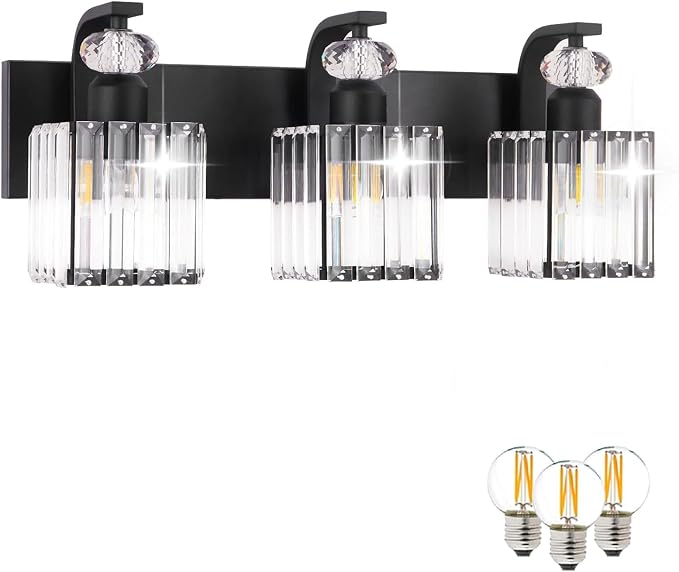 3-Light Bathroom Vanity Light Fixtures Over Mirror, Crystal Sconce | 20.5-inch Black Modern Wall Light for Bedroom Vanity Living Room Hallway, Ceramic E26 Lamp sockets, Includes 3 LED Bulbs