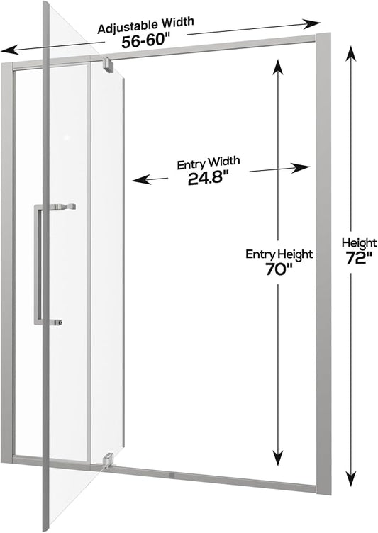 56-60" W x 72" H Semi-Frameless Pivot Swing Shower Doors, Chrome Finish | 1/4" (6mm) Clear SGCC Tempered Glass with a 24.8" walk-in opening, Reversible Installation, Magnetic Closing