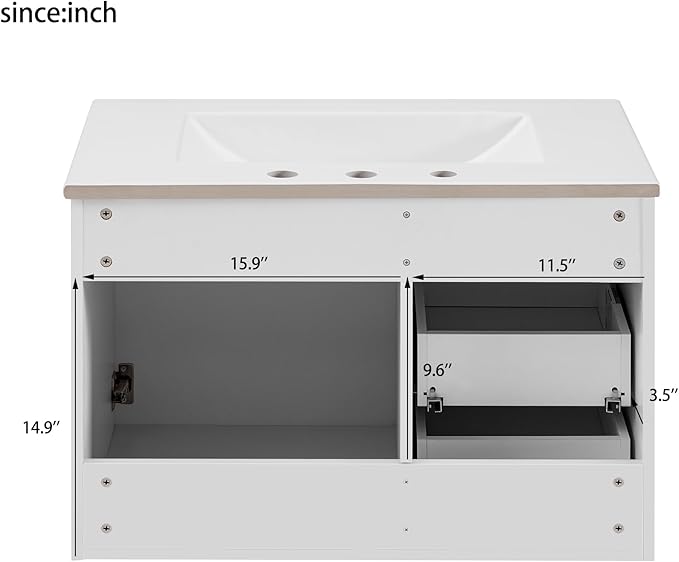 30 Inch Bathroom Vanity with Sink, Wall Mounted Bathroom Storage Cabinet with Soft Closing Door and 2 Drawers, Floating Bathroom Vanities with Decor Line