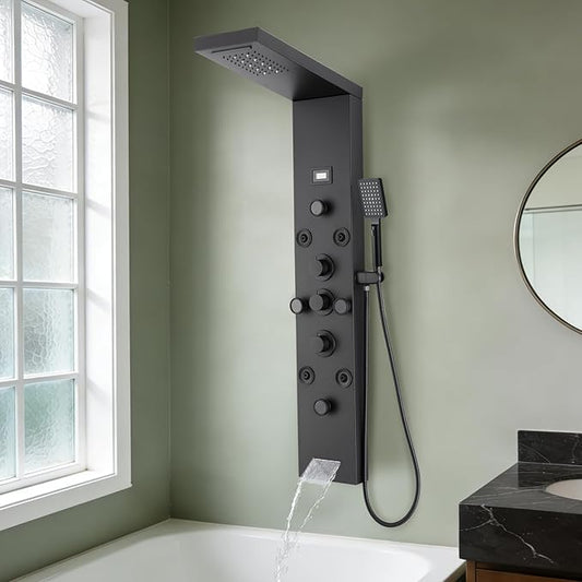 POPFLY 6 In 1 LED Shower Panel Tower System, 8 Body Massage Jets, Stainless Steel Wall Mount Rainfall & Waterfall Shower Column Towers with Temperature Display, Tub Spout, Matt Black