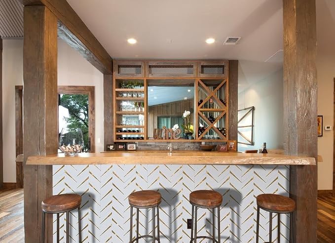 DICOFUN 1 Sheet Polished White Herringbone Peel and Stick Backsplash for Kitchen, PVC Mixed Metal Gold Chevron Stick on Backsplash Wall Tiles