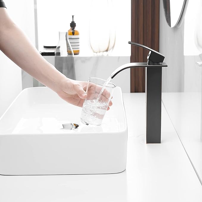 BWE Vessel Sink Faucet Modern Waterfall Oil Rubbed Bronze Single Hole Bathroom Faucet Single Handle with Pop up Drain Without Overflow Assembly Vanity Basin Bath Sink Faucets Mixer Tap