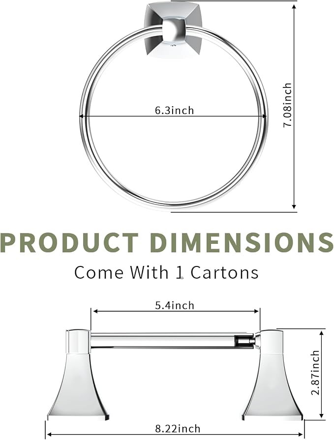 Bathroom Hardware Set 2 Pieces Toilet Paper Holder and Towel Ring Wall Mounted Stainless Steel and Zinc Alloy Chrome
