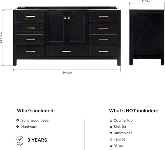 ARIEL Cambridge 66-inch Bathroom Vanity Base Cabinet,Solid Wood, 2 Soft Closing Doors, 9 Dovetail Drawers, Black Oak