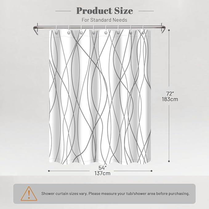 Striped Shower Curtain for Bathroom, Grey White, 54" W x 72" L | with Hooks, Modern Hotel Style, Water Repellent, Washable, Weighted Hem