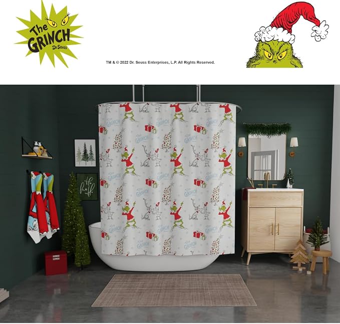 Grinch Holiday Christmas Bath Microfiber Shower Curtain, 72x72, (Officially Licensed Product) by Franco