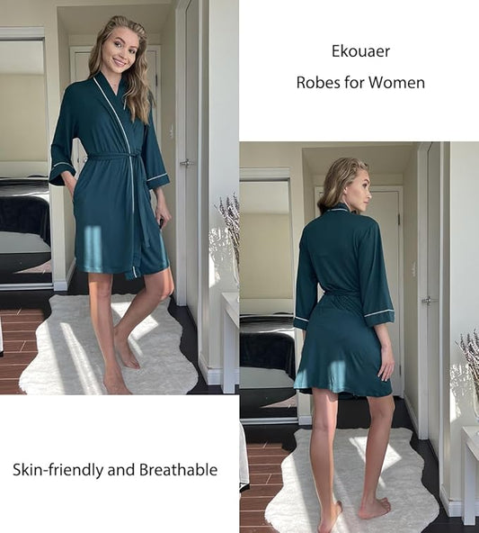Ekouaer Women Kimono Robes Knee Length Knit Bathrobe Lightweight Soft Sleepwear V-neck Casual Ladies Loungewear