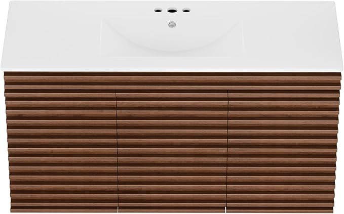 ROOMTEC 48" Bathroom Vanity with Ceramic Sink Combo, Mid-Century Wall Mounted Floating Vanity Cabinet with 2 Closing Doors, Wood Grain Texture, Walnut