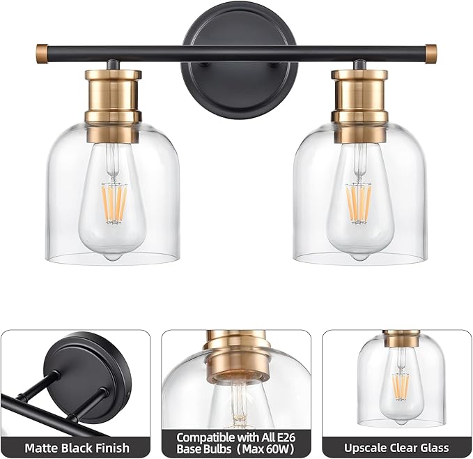 Modern Wall Sconce Lights 2 Lights Matte Black Bathroom Lighting with Clear Glass Shades Antique Brass Vintage Vanity Light Fixtures