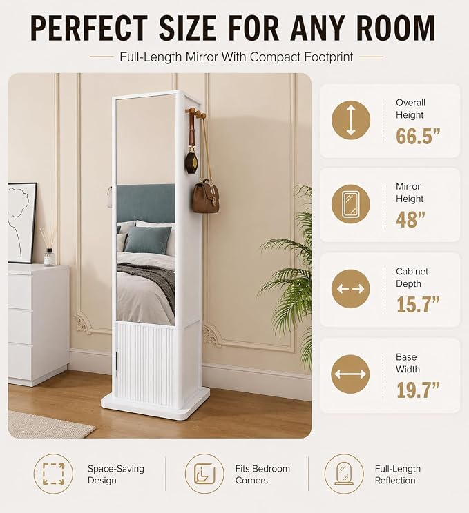 360° Rotating Makeup Jewelry Armoire Cabinet, Mirror Jewelry Cabinet Standing with a Full-Length Mirror, Storage Cabinet a Coat Rack, 4 Layers of Open 2 Layers of Built-In Shelves for Bedroom