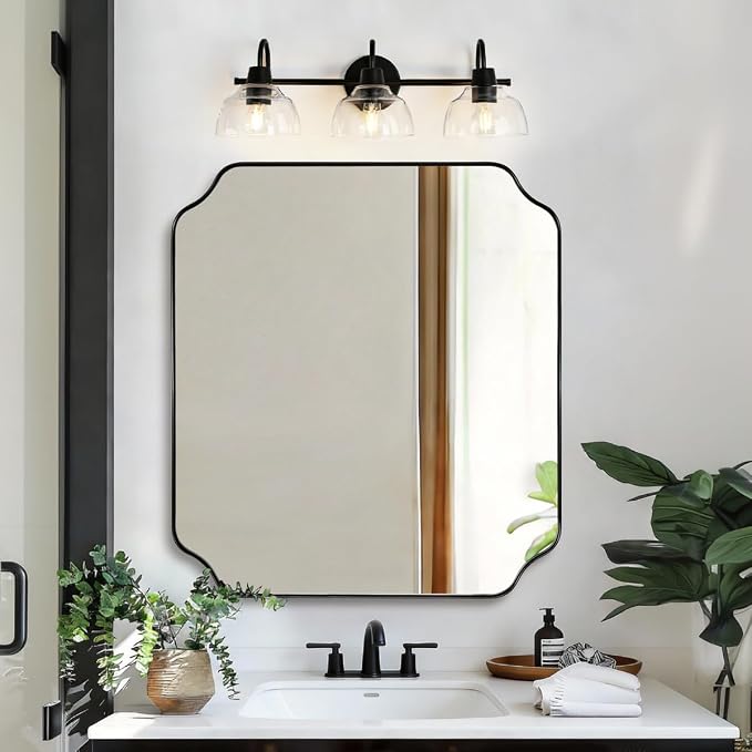 30x30 Inch Square Mirror, Matte Black Vanity Mirror, Modern Scalloped Bathroom Mirror in Premium Stainless Steel Metal Thin Frame, Unique Rounded Notched Corners