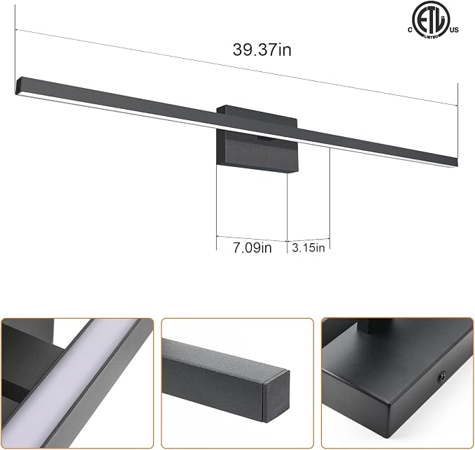 VOLISUN Modern Bathroom Vanity Light 39.4 inch, 24W Dimmable 5CCT Led Bathroom Light Fixture Over Mirror, Black Bar Vanity Light for Bathrooms Mirror Cabinets Bedroom-ETL Certificated