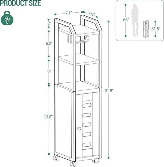Bathroom Storage Cabinet - Toilet Paper Storage Cabinet, Small Toilet Paper Holder with 4 Wheels, Bathroom Organizer with Adjustable Shelf, for Small Spaces, Black BC04604X