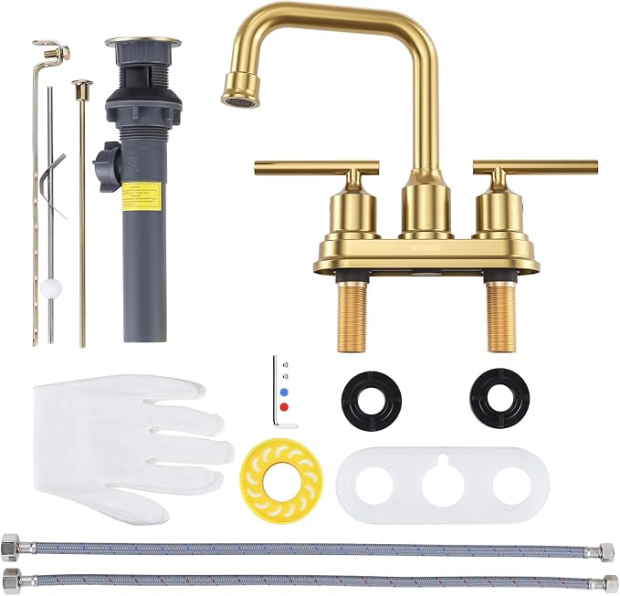 WOWOW Brushed Gold Bathroom Faucet 4 inch Bathroom Sink Faucet 3 Hole RV Sink Tap 2 Handle Vanity Taps with Drain Assembly Centerset Lavatory Mixer 360-Degree Swivel Spout