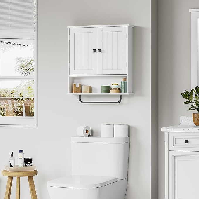 RRX Bathroom Cabinet Wall Mounted Medicine Cabinets with Towels Bar (White) | Over The Toilet Storage Cabinet with 2 Doors and Adjustable Shelf, White Wall Cabinet for Bathroom Laundry Kitchen