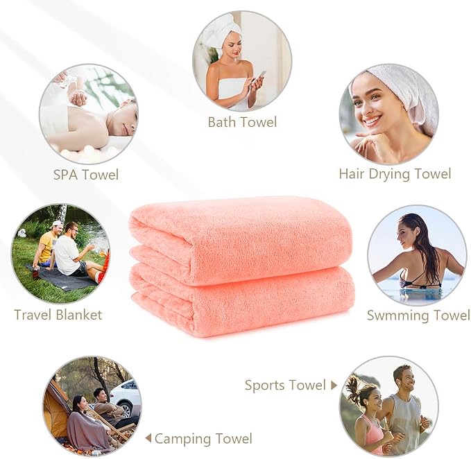 Orighty Bath Towels, Soft Feel Bath Towel, 2 Pack (27'' x 54'') | Highly Absorbent, Quick Drying Microfiber Towels for Body, Sport, Yoga, SPA, Fitness, Bathroom - Pink