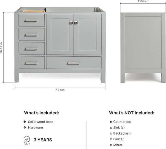 ARIEL Cambridge 42-inch Bathroom Vanity Base Cabinet,Solid Wood, 2 Soft Closing Doors, 5 Dovetail Drawers, Grey
