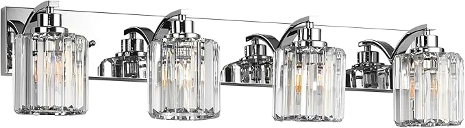 4 Lights Crystal Bathroom Vanity Light Modern Chrome Bathroom Light Fixture Bathroom Lighting Fixtures Over Mirror for Mirror E26 Base
