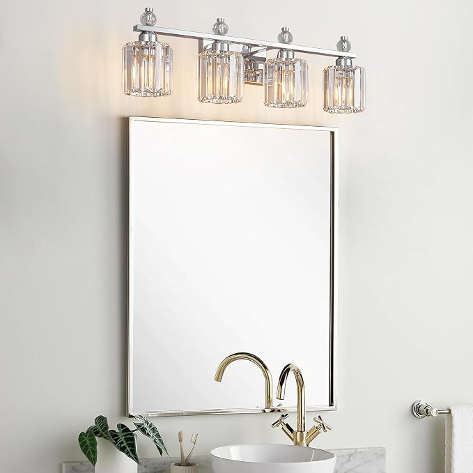 Bathroom Vanity Lights 4-Light Chrome Modern Crystal Vanity Light Fixtures Over Mirror Crystal Bathroom Vanity Lighting Fixtures