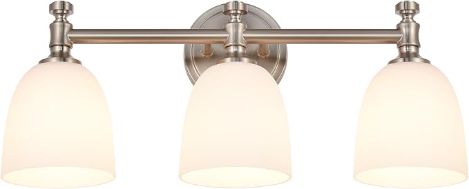 Bathroom Vanity Light, 3-Light Bathroom Light Fixtures Over Mirror, Traditional Vanity Lights for Living Room, Milk White Bell Glass Shades, Standard E26 Base, Brushed Nickel