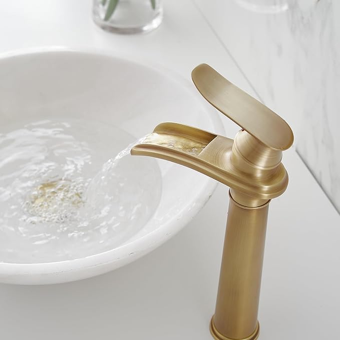 BWE Antique Brass Bathroom Vessel Sink Faucet Waterfall Spout Single Handle One Hole Solid Commercial Brass Lavatory Vanity Sink Faucet with Pop Up Drain