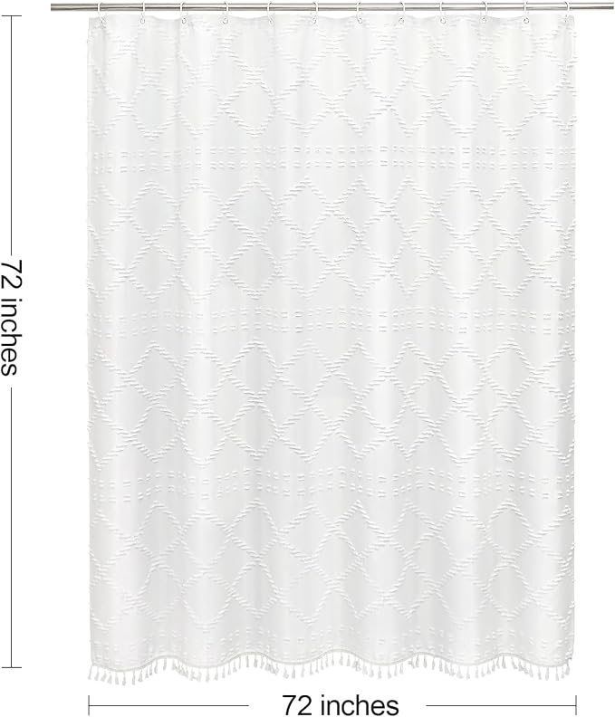 White Boho Woven Fabric Shower Curtain with Tassel 72x72, Tufted Textured | Modern Farmhouse Curtain for Bathroom, Standard Bathroom Curtain, Minimalist Decor, Waterproof