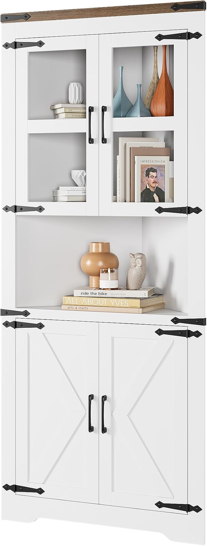 GAOMON Farmhouse Corner Cabinet, Tall Corner Storage with Glass Door & Adjustable Shelves, Bathroom Cabinet with Storage for Living Room, Kitchen, Bathroom, White