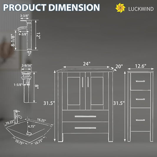 LUCKWIND 72" Bathroom Vanity Sink Combo, Double 24" Main Cabniets with Two 12.6" Side Cabinets, Painted Bathroom Storage Cabinet, Including White Square Sinks, Faucets Without Mirror, Black