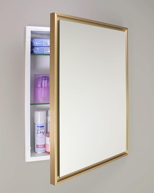 Fox Hollow Furnishings 16x20 Parker Metro Metal Framed Rectangle Recessed Bathroom Medicine Cabinet, Floating Mirror, 14x24 in-Wall Opening, Steel, Adjustable Glass Shelves, Magnet Close, Gold