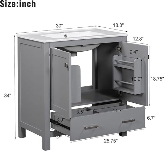 LUMISOL 30" Gray Bathroom Vanity with Sink, Solid Wood Bathroom Vanity with a Drawer and 2 Doors, Multifunctional Storage Racks, Freestanding Bathroom Storage Cabinet with Ceramic Sink, Grey