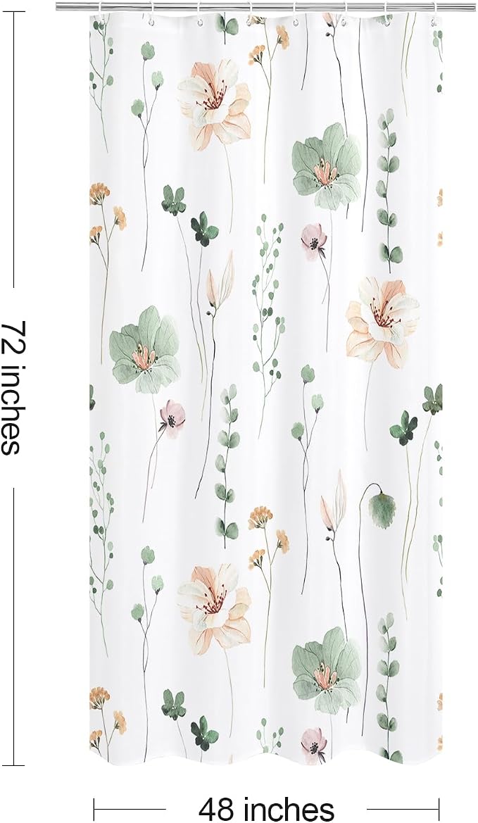 Sage Green Beige Watercolor Floral Fabric Shower Curtain, 48x72 | Waterproof Fabric, Modern Minimalist Floral Print, Machine Washable, Rustproof Grommets, for Bathroom Home, Stall