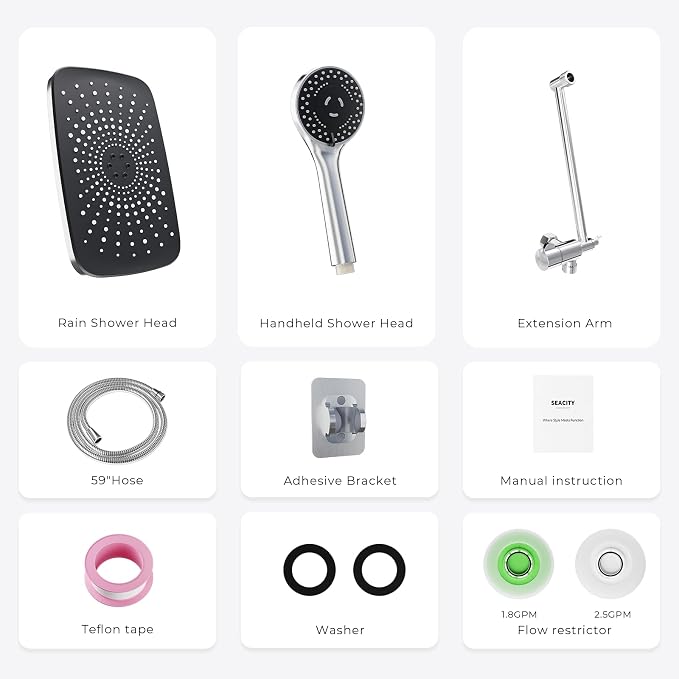 Chrome Rain Shower Head with Handheld Shower Head, 5 Spray Modes | High-Pressure Dual Shower Combo, Multi-Spray Handheld, 15-Inch Metal Extension Arm, Detachable Design for Easy, Flexible Use