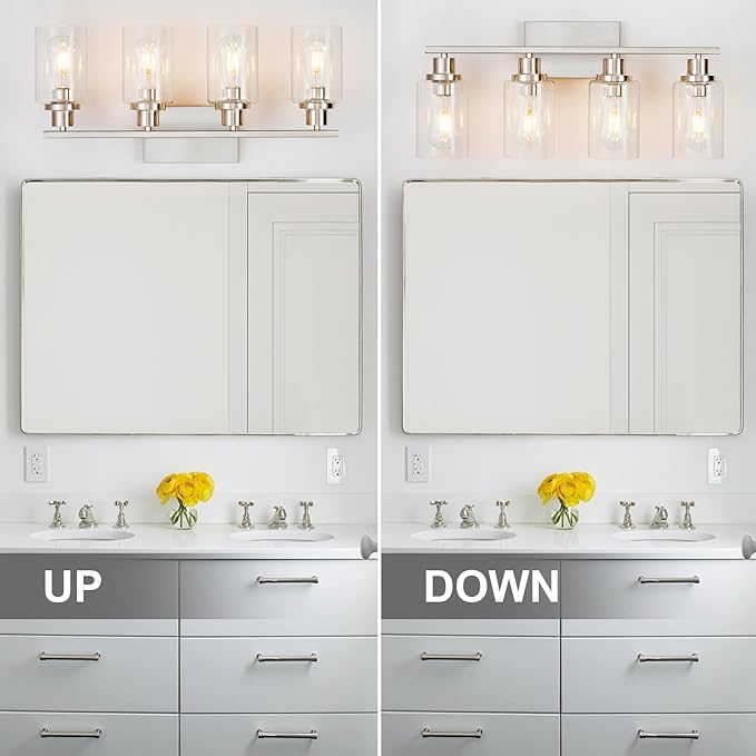 4 Light Bathroom Light Fixtures Brushed Nickel Vanity Light Over Mirror Modern Farmhouse Wall Lighting Sconces Wall Lamp for Bathroom, Bedroom, Living Room E26 Socket with Glass Shade