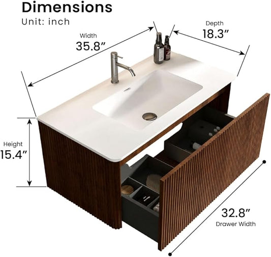 36" Bathroom Vanity with Sink, Modern Floating Vanity with Push Open Soft Close Drawer, Large Storage for Bathroom, Hotel, Walnut, Fully Assembled - Camellia Collection