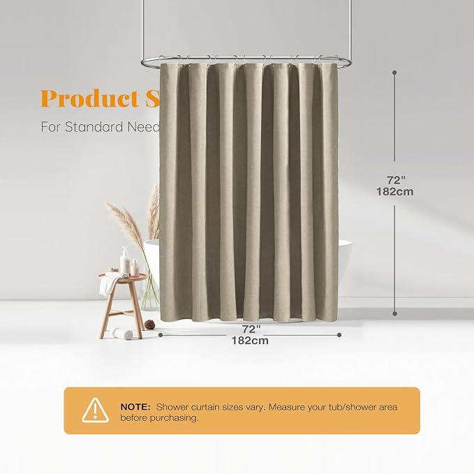 Linen Textured Waterproof Fabric Shower Curtain, 72x72, Khaki/Tan | Heavy Duty Polyester Cloth, 12 Plastic Hooks, Elegant Drape, Modern Hotel Style, Bathroom Decor, Machine Washable, Quick-dry