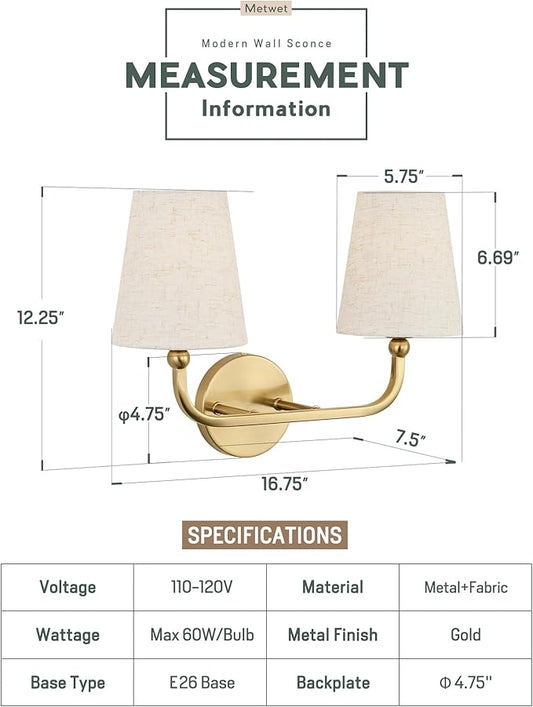 2-Light Bathroom Light Fixtures, Brushed Gold Vanity Lights, Double Wall Sconce with Linen Fabric Shade, Modern Sconces Wall Lighting for Hallway Bedroom Stairway, VL837-BG-A-2