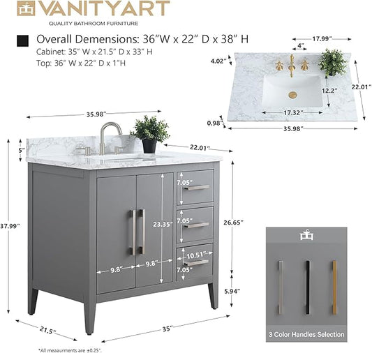 Vanity Art 36 inch Bathroom Vanity with Single Sink & Ceramic Top, Vanity Cabinet with Soft-Closing Doors, Drawers, Solid Wood Frame, Cashmere Gray, VA9036-G-MB1