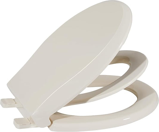 Round Toilet Seat for Adult and Child, Built-In Potty Training with Soft Quiet Close Non-Slip Design, Magnetic Children's Seat for Round/Oval Toilets, Almond, Easy to Install and Clean
