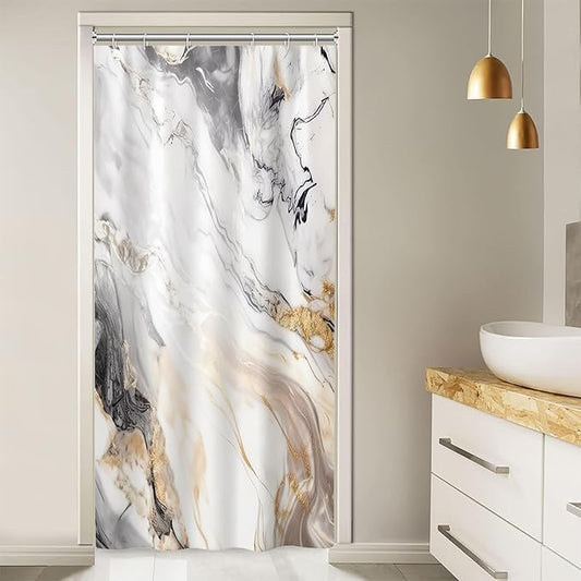 Stall Shower Curtain, Grey and White Marble Small Shower Curtain Modern Waterproof Shower Curtain Set with Hooks, 36x72 Inch