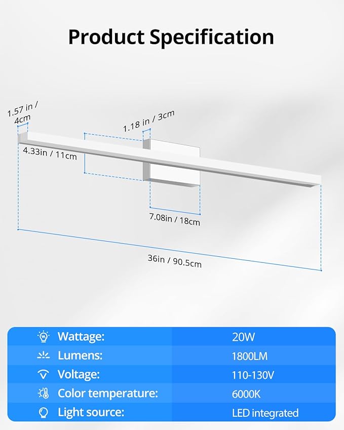 Modern Vanity Lights for Bathroom Over Mirror, Wall Mounted Sconces | 36 Inch Extra-Long, Chrome, Gentle Shadow Free, Linear Lamp Bar, IP44 Rust-Resistant, Simple Slim, Daylight 6000K, 1 Pack