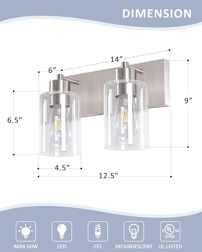 2-Light Brushed Nickel Bathroom Vanity Lights, Clear Glass | Brushed Nickel Metal Frame,Up/Down Wall Mount,cylinder Glass Shade,Kitchen Hallway Bedroom Indoor Use,Easy Install,E26 Base