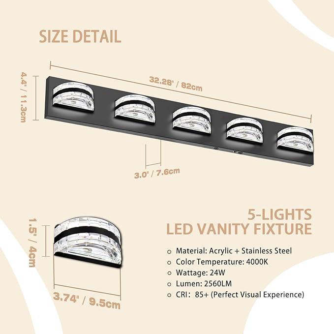 LED Bathroom Vanity Light, 360°Rotatable, Nature White 2560LM 5 Light, Black Modern Matte Bathroom Lighting Fixtures, Over Mirror Vanity Lights for Living Room, Bedroom ETL Certified