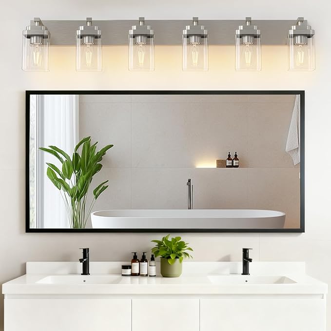 Brushed Nickel Bathroom Light Fixtures, 6 Lights Bathroom Lighting Fixtures Over Mirror, Square Design & Rectangle Large Backplate, Modern Vanity Lighting Fixtures, for Living Room/Bedroom