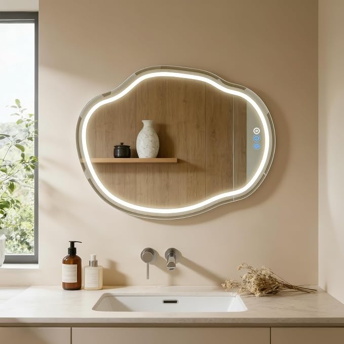 Irregular Wall Mirror 25 x 35 Inch, Lighted Mirrors for Bathroom Wall, Asymmetrical LED Mirror for Bathroom with Anit-Fog, Dimmable, Memory Function (Horizontal/Vertical)